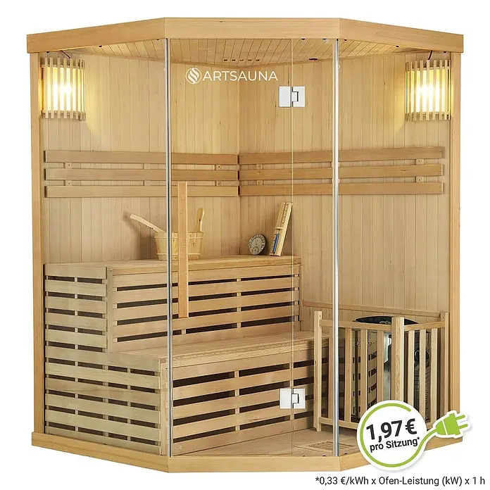 Artsauna Elementsauna Espoo - L x B x H: 150 x 150 x 200 cm - Eine helle Holzsaunakabine mit Glastür, Bänken und Innenbeleuchtung.