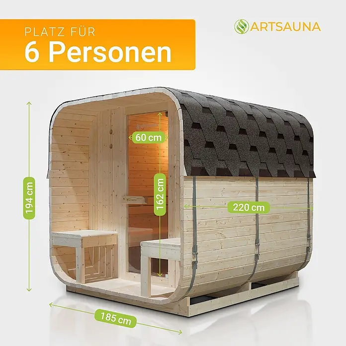 Artsauna Fasssauna Nolvik - Holz, L x B x H: 220 x 186 x 194 cm - Hölzerne Fasssauna für 6 Personen mit dunklem Schindeldach und sichtbaren Maßen: H 194cm, T 185cm, B 220cm.