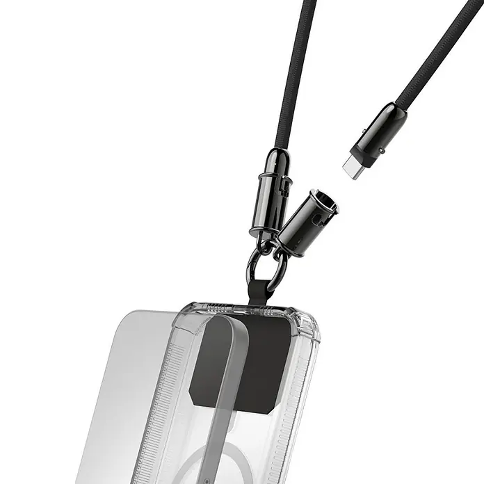 Hama USB-Kabel 00201751 USB-C-Kabel und Handyband 2in1-Lösung 1 - Schwarz - Transparente Handyhülle mit schwarzem geflochtenem Umhängeband, Metall-Schnellverschluss und abnehmbarem USB-C-Ladeanschluss.