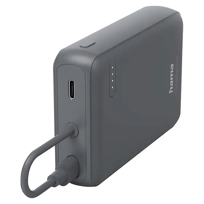 Hama Powerbank 00201739 "Travel" mit Kabel 10000mAh 2 Ausgänge: 2x USB-C - Grau - Dunkelgraue Hama 10000mAh Powerbank mit USB-C-Anschluss, integriertem Kabel, Ein-/Ausschalter und LED-Anzeigen.