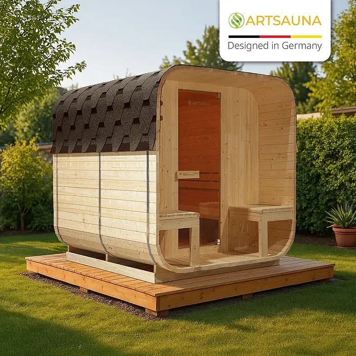 Artsauna Fasssauna Nolvik - Holz, L x B x H: 220 x 186 x 194 cm - Helle Holzfasssauna mit dunklem Schindeldach, auf einer Holzterrasse.