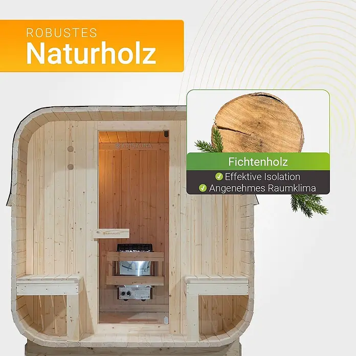 Artsauna Fasssauna Nolvik - Holz, L x B x H: 220 x 186 x 194 cm - Innenansicht einer hellen Naturholzsauna mit Bänken und Ofen, Betonung von robustem Fichtenholz für effektive Isolation.