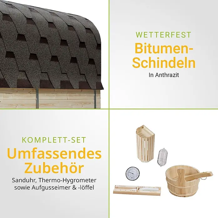 Artsauna Fasssauna Nolvik - Holz, L x B x H: 220 x 186 x 194 cm - Anthrazitfarbene Bitumen-Schindeln und komplettes Sauna-Zubehörset: Sanduhr, Thermo-Hygrometer, Aufgusseimer & -löffel.