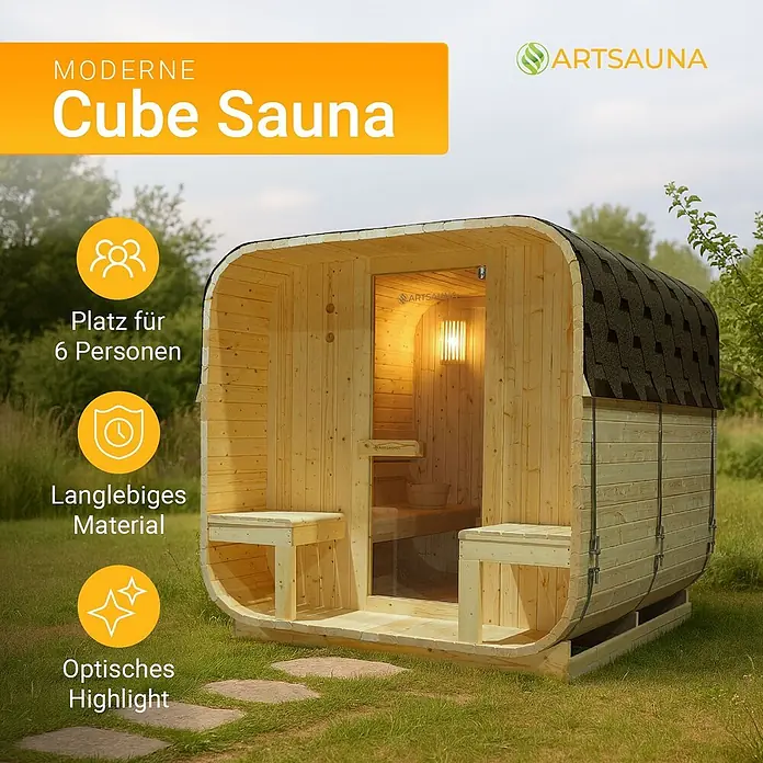 Artsauna Fasssauna Nolvik - Holz, L x B x H: 220 x 186 x 194 cm - Moderne Outdoor-Sauna aus hellem Holz, mit einzigartigem abgerundeten Würfeldesign, dunklem Schindeldach und Platz für 6 Personen.