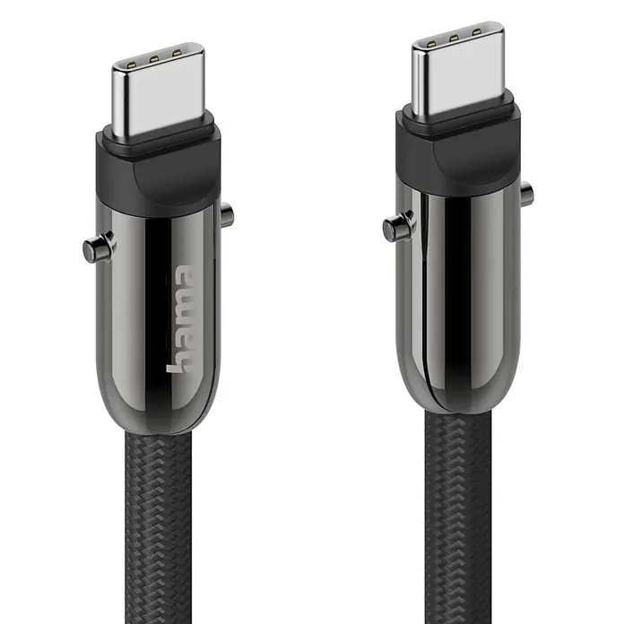 Hama USB-Kabel 00201751 USB-C-Kabel und Handyband 2in1-Lösung 1 - Schwarz - Zwei dunkelgraue USB-C-Stecker mit schwarzen geflochtenen Kabeln, einer zeigt das Hama-Logo.