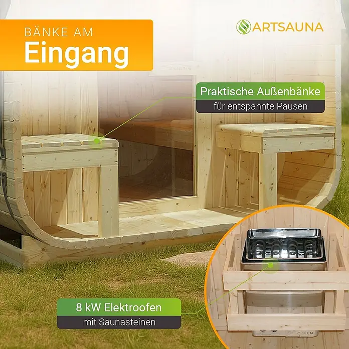 Artsauna Fasssauna Nolvik - Holz, L x B x H: 220 x 186 x 194 cm - Hölzerne Outdoor-Fasssauna mit integrierten Eingangsbänken und einem 8 kW Elektroofen mit Saunasteinen.