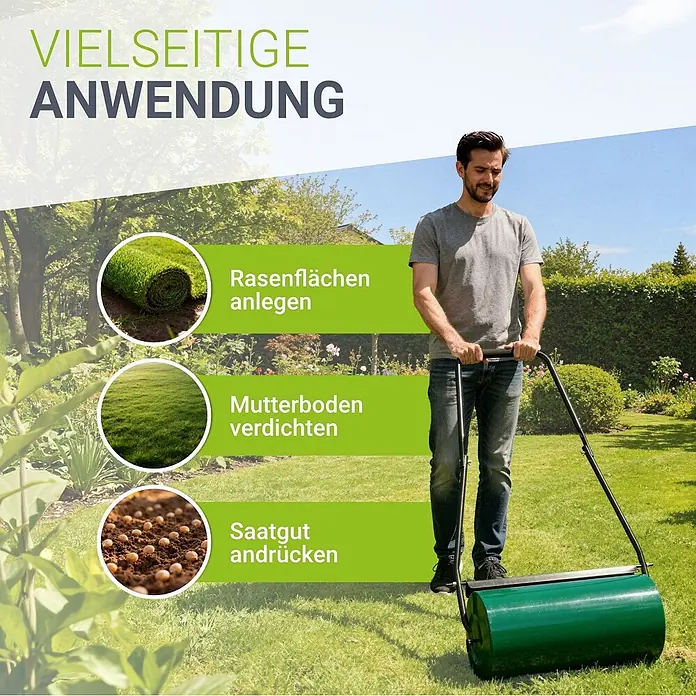 Juskys Rasenwalze Fritz - Passend für: Garten, Arbeitsbreite: 60 cm - Mann benutzt eine grüne Rasenwalze im Garten. Gezeigt wird sie zum Verlegen von Rollrasen, Verdichten von Mutterboden und Andrücken von Saatgut.