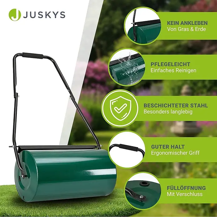 Juskys Rasenwalze Fritz - Passend für: Garten, Arbeitsbreite: 60 cm - Eine grüne JUSKYS Gartenwalze aus beschichtetem Stahl mit ergonomischem schwarzem Griff, auf Gras stehend.