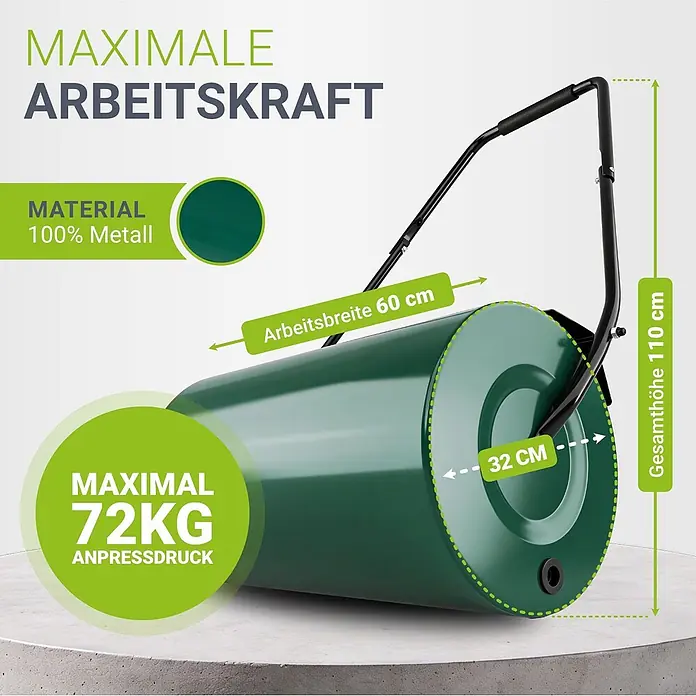 Juskys Rasenwalze Fritz - Passend für: Garten, Arbeitsbreite: 60 cm - Grüner Gartenwalze aus Metall mit 60 cm Arbeitsbreite, 32 cm Durchmesser, 110 cm Gesamthöhe und max. 72 kg Anpressdruck.