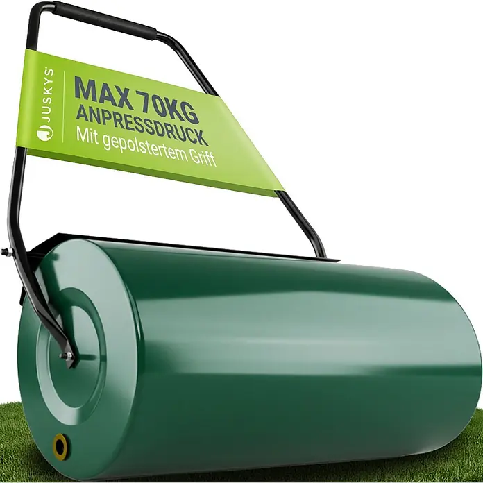 Juskys Rasenwalze Fritz - Passend für: Garten, Arbeitsbreite: 60 cm - Grüne Rasenwalze mit schwarzem Griff. Banner zeigt max. 70kg Anpressdruck und gepolsterten Griff.