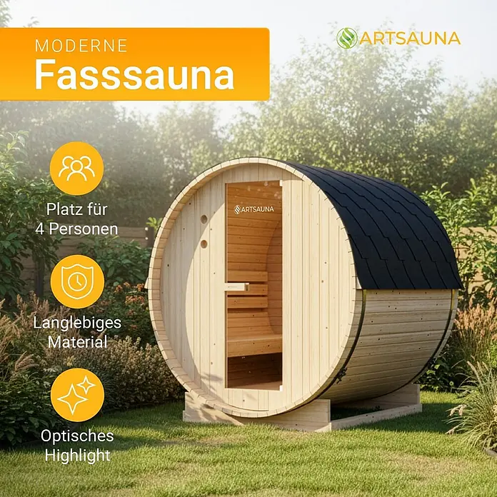 Artsauna Fasssauna Spitzbergen - Holz, L x B x H: 180 x 191 x 193 cm - Moderne helle Holz-Fasssauna mit schwarzem Dach, für 4 Personen ausgelegt, in einem Garten.