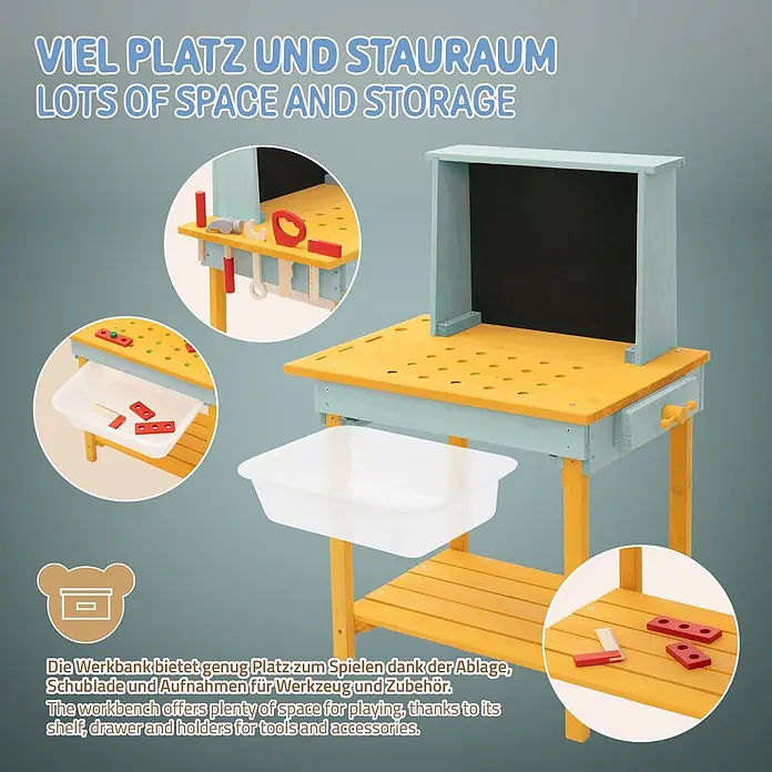 ECD Germany Kinder-Werkbank - 37 x 101 x 81 cm - Gelb-hellblaue hölzerne Kinderwerkbank mit Ablagen, herausnehmbarer Wanne und Werkzeughaltern für Spielzeug.