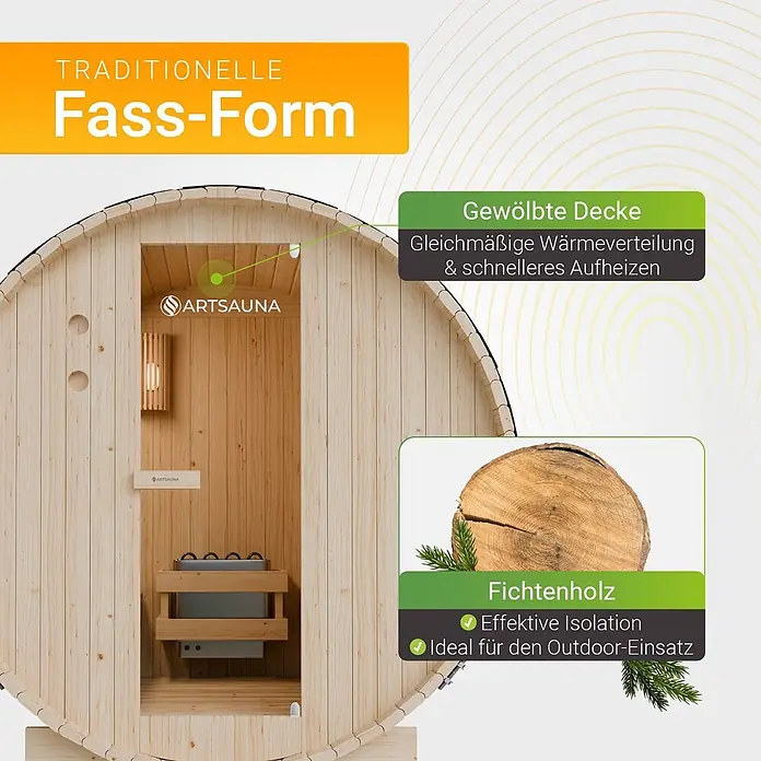 Artsauna Fasssauna Spitzbergen - Holz, L x B x H: 180 x 191 x 193 cm - Traditionelle Fichtenholz-Fasssauna mit gewölbter Decke für effizientes Heizen und Outdoor-Einsatz.