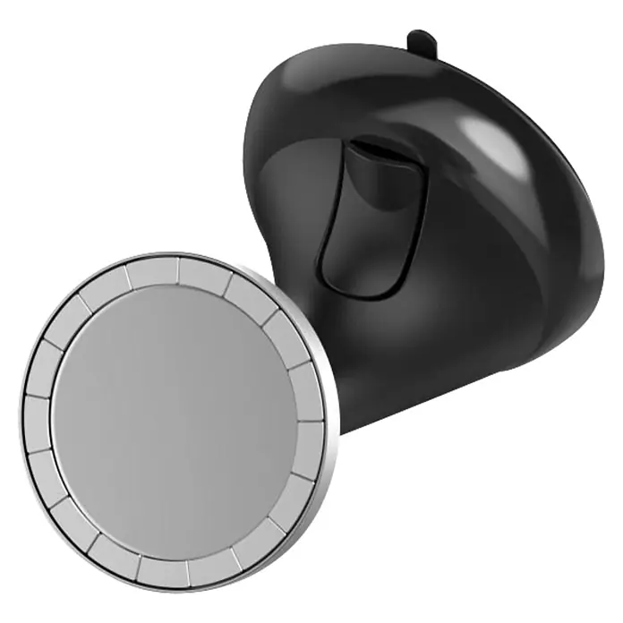 Hama Handyhalter 00210106 "Lock" magnetisch mit Saugnapf - Schwarz - Glänzende schwarze magnetische Handyhalterung mit Clip und silberner runder MagSafe-kompatibler Ring.