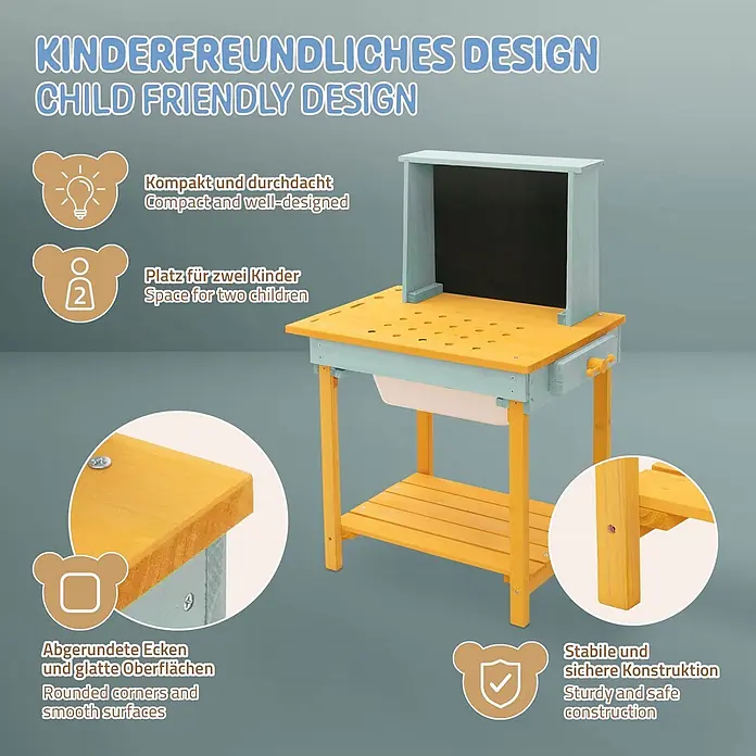 ECD Germany Kinder-Werkbank - 37 x 101 x 81 cm - Gelb-blaue Holzkinderküche mit Kreidetafel, abnehmbarer Spüle und Regal, kinderfreundlich und stabil.