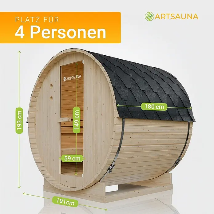 Artsauna Fasssauna Spitzbergen - Holz, L x B x H: 180 x 191 x 193 cm - Helle Holzfasssauna für 4 Personen mit schwarzem Schindeldach und Tür.