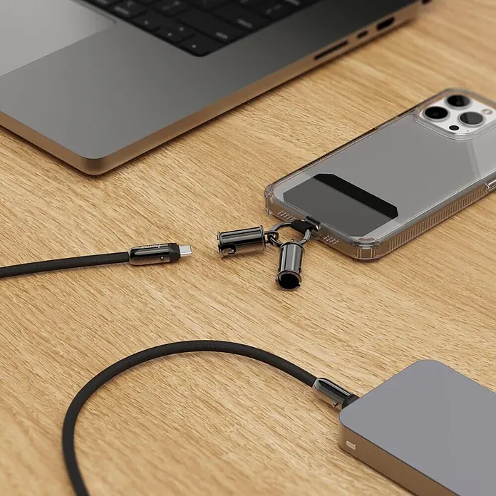 Hama USB-Kabel 00201751 USB-C-Kabel und Handyband 2in1-Lösung 1 - Schwarz - Schwarzes geflochtenes USB-C Ladekabel mit Metallanschlüssen, bereit zum Anschluss an einen Telefon-Ladeport-Adapter und eine Powerbank.