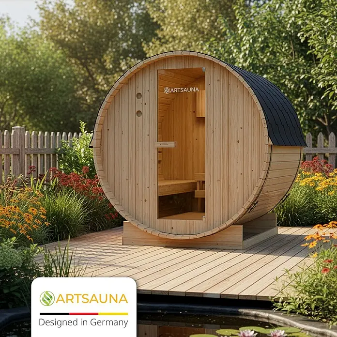 Artsauna Fasssauna Spitzbergen - Holz, L x B x H: 180 x 191 x 193 cm - Hölzerne Fasssauna mit schwarzem Dach, auf einer Holzterrasse im grünen Garten.