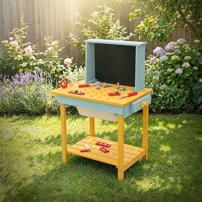 ECD Germany Kinder-Werkbank - 37 x 101 x 81 cm - Hölzerne Spielwerkbank mit bunten Werkzeugen in einem Garten.
