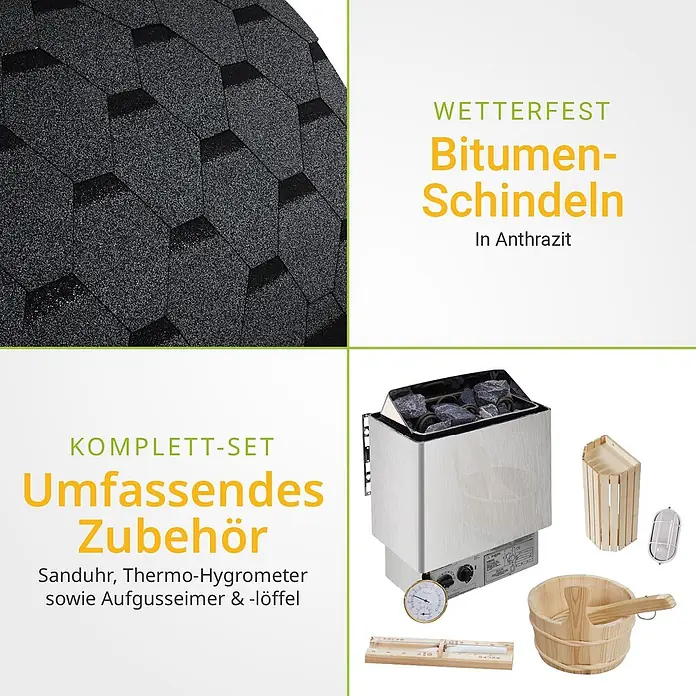 Artsauna Fasssauna Spitzbergen - Holz, L x B x H: 180 x 191 x 193 cm - Anthrazitfarbene Bitumen-Schindeln und komplettes Sauna-Zubehör wie Ofen, Sanduhr, Eimer und Hygrometer.