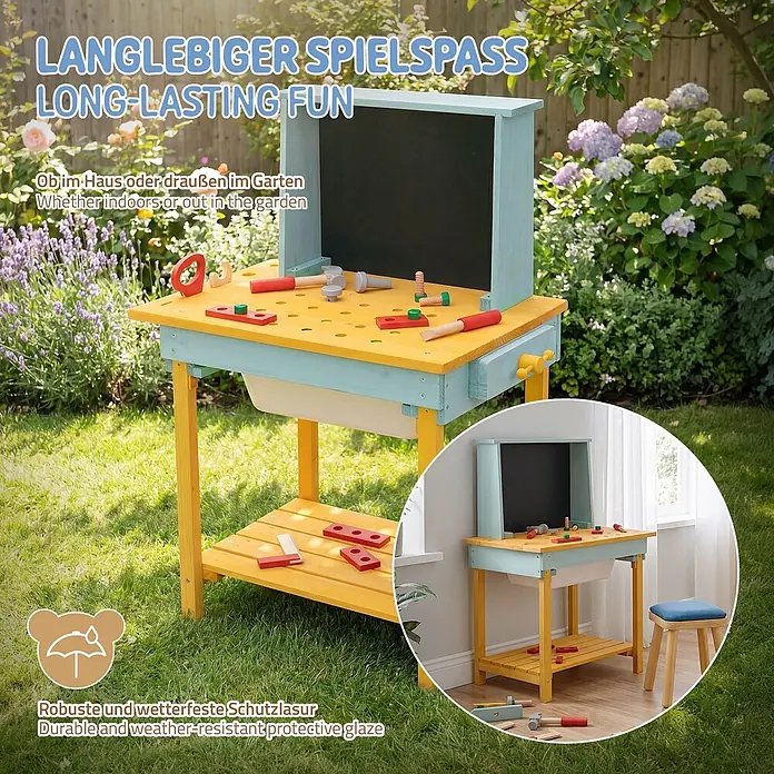 ECD Germany Kinder-Werkbank - 37 x 101 x 81 cm - Gelbe und hellblaue Kinderwerkbank aus Holz mit Kreidetafel, Spielzeugwerkzeugen und Aufbewahrungsbehälter für drinnen und draußen.