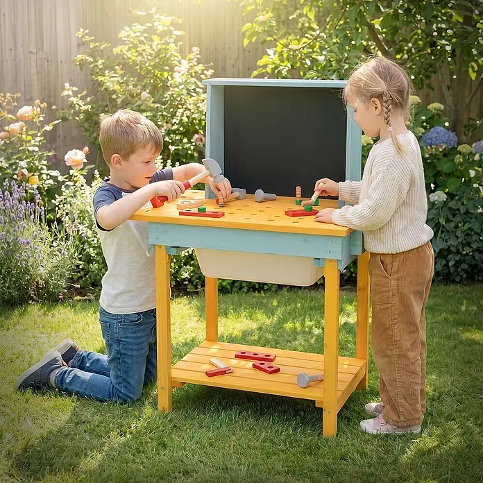 ECD Germany Kinder-Werkbank - 37 x 101 x 81 cm - Holz-Spielwerkbank für draußen mit gelber Platte und blauem Rahmen. Zwei Kinder spielen mit Holzwerkzeugen im sonnigen Garten.