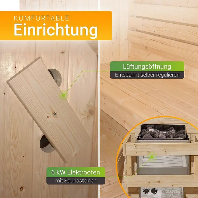Artsauna Fasssauna Spitzbergen - Holz, L x B x H: 180 x 191 x 193 cm - Hölzerner Saunainnenraum mit verstellbarer Lüftungsöffnung und 6 kW Elektroofen samt Saunasteinen.