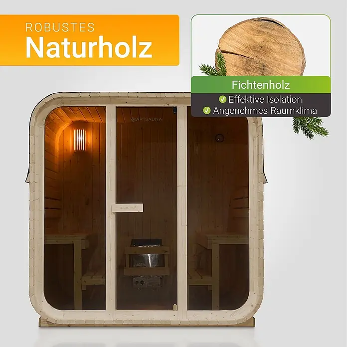 Artsauna Fasssauna Fjora - Holz, L x B x H: 225 x 228 x 180 cm - Robuste Sauna aus Fichtenholz mit Glastür, Bänken und Heizer, für effektive Isolation und angenehmes Klima.