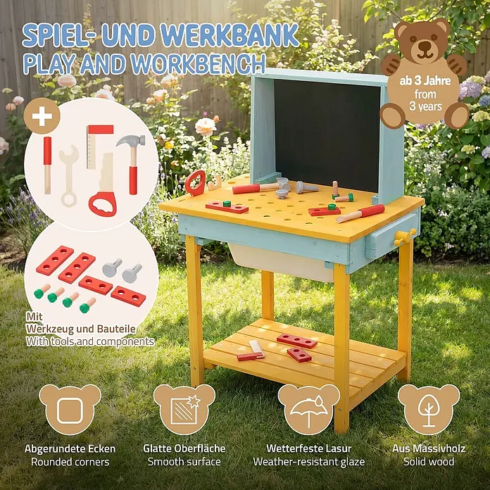 ECD Germany Kinder-Werkbank - 37 x 101 x 81 cm - Kinder-Spielwerkbank aus Massivholz in Gelb und Blau mit Werkzeugen und Bauteilen für draußen.