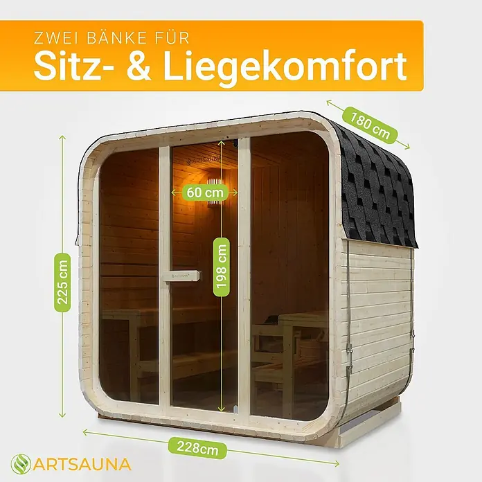 Artsauna Fasssauna Fjora - Holz, L x B x H: 225 x 228 x 180 cm - Hölzerne Fasssauna mit Glasfront, dunklem Dach und Innenbänken für Sitz- und Liegekomfort, mit Maßen.