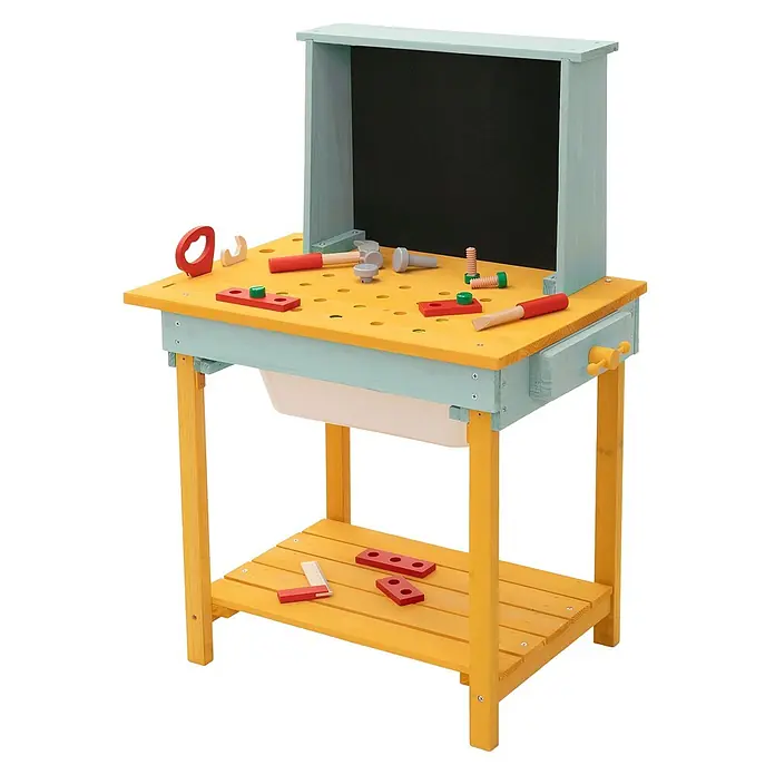 ECD Germany Kinder-Werkbank - 37 x 101 x 81 cm - Bunte Kinder-Holzwerkbank in Gelb und Hellblau, mit verschiedenen Spielzeugwerkzeugen und Zubehör.