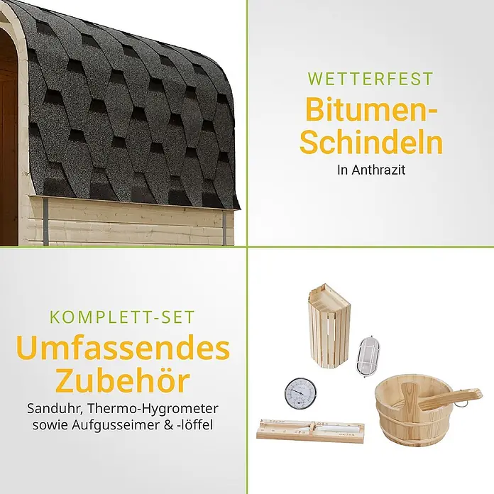 Artsauna Fasssauna Fjora - Holz, L x B x H: 225 x 228 x 180 cm - Dunkelgraue Bitumen-Schindeln für ein Saunahaus und ein Saunazubehör-Set mit Sanduhr, Thermo-Hygrometer, Aufgusseimer und -löffel.