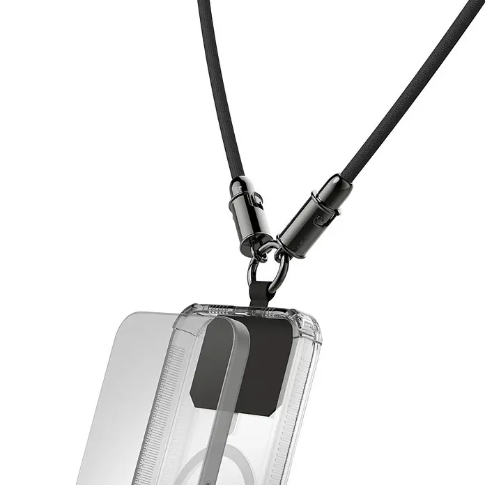Hama USB-Kabel 00201751 USB-C-Kabel und Handyband 2in1-Lösung 1 - Schwarz - Transparente Handyhülle mit schwarzem Umhängeband, befestigt mit dunklen Metallbeschlägen.