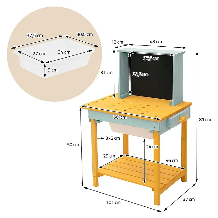 ECD Germany Kinder-Werkbank - 37 x 101 x 81 cm - Hölzerne Matschküche mit gelben und hellblauen Teilen, Tafel und abnehmbarem weißen Kunststoffeinsatz.