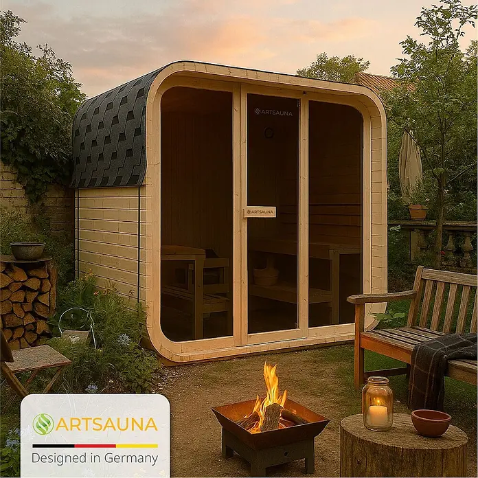 Artsauna Fasssauna Fjora - Holz, L x B x H: 225 x 228 x 180 cm - Outdoor-Sauna aus Holz mit geschwungenem, dunklem Schindeldach und großen Glasschiebetüren, in einem Garten bei Dämmerung.