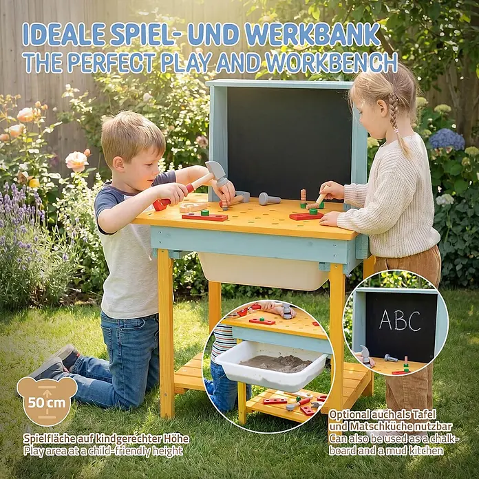 ECD Germany Kinder-Werkbank - 37 x 101 x 81 cm - Gelbe und blaue Kinder-Spielwerkbank aus Holz, die von zwei Kindern im Freien genutzt wird, mit Tafel- und Matschküchenfunktion.