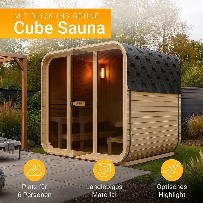 Artsauna Fasssauna Fjora - Holz, L x B x H: 225 x 228 x 180 cm - Outdoor-Würfelsauna aus hellem Holz mit dunklem Schindeldach und Glasfront, auf einer Terrasse im Grünen.
