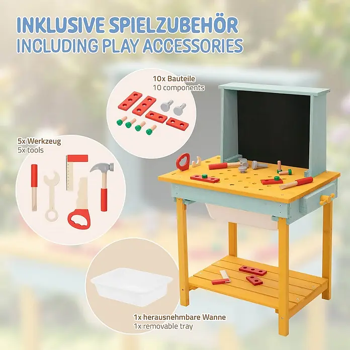 ECD Germany Kinder-Werkbank - 37 x 101 x 81 cm - Holzspielwerkbank mit gelber Platte, hellblauem Rahmen und Ablage. Enthält 5 Werkzeuge, 10 Bauteile und eine herausnehmbare weiße Wanne.