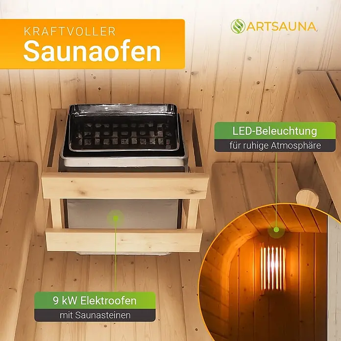 Artsauna Fasssauna Fjora - Holz, L x B x H: 225 x 228 x 180 cm - 9 kW Elektro-Saunaofen mit Steinen in einer Holzsauna, LED-Beleuchtung sichtbar.