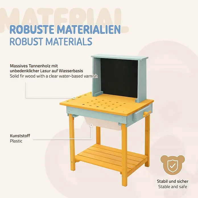 ECD Germany Kinder-Werkbank - 37 x 101 x 81 cm - Kinder-Holzspielstation in Gelb & Hellblau, aus Tannenholz & Kunststoff. Robust, stabil & sicher.