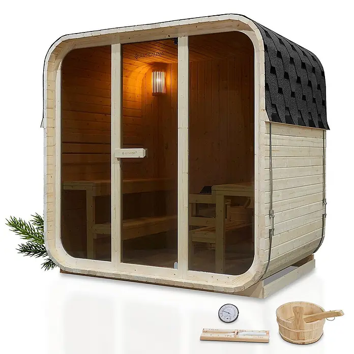 Artsauna Fasssauna Fjora - Holz, L x B x H: 225 x 228 x 180 cm - Outdoor-Fasssauna aus hellem Holz mit Glasfront, schwarzem Schindeldach und Saunazubehör.