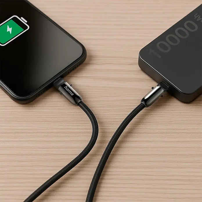 Hama USB-Kabel 00201751 USB-C-Kabel und Handyband 2in1-Lösung 1 - Schwarz - Schwarzes geflochtenes USB-C-Kabel mit Metallanschlüssen, lädt Smartphone von Powerbank. Marke 'hama'.