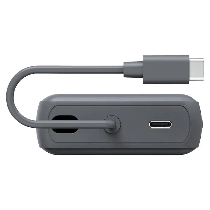 Hama Powerbank 00201739 "Travel" mit Kabel 10000mAh 2 Ausgänge: 2x USB-C - Grau - Grauer Elektronik-Hub mit integriertem USB-C-Kabel und zusätzlichem USB-C-Anschluss.