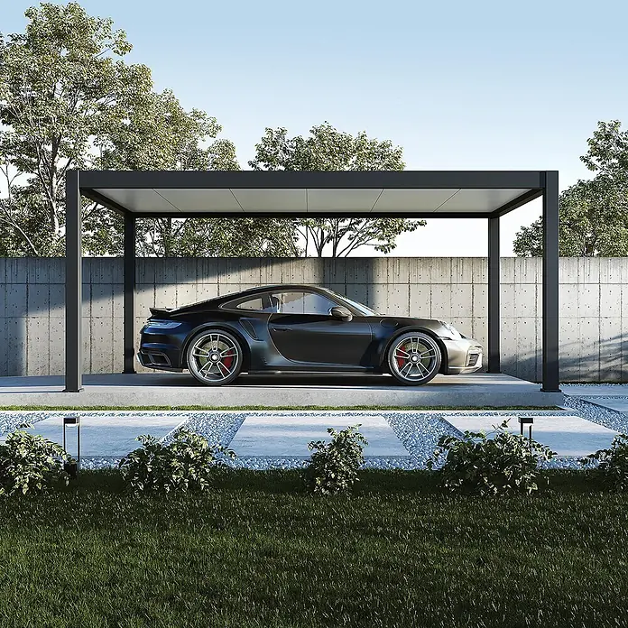 Weide Carport Autoüberdachung Aluminium 3 x 5,3 M anthrazit - Außenmaß inkl. Dachüberstand (B x T): 530 x 300 m, Einzelcarport, Anthrazit - Moderner, dunkelgrauer Metall-Carport, der einen schwarzen Sportwagen schützt.