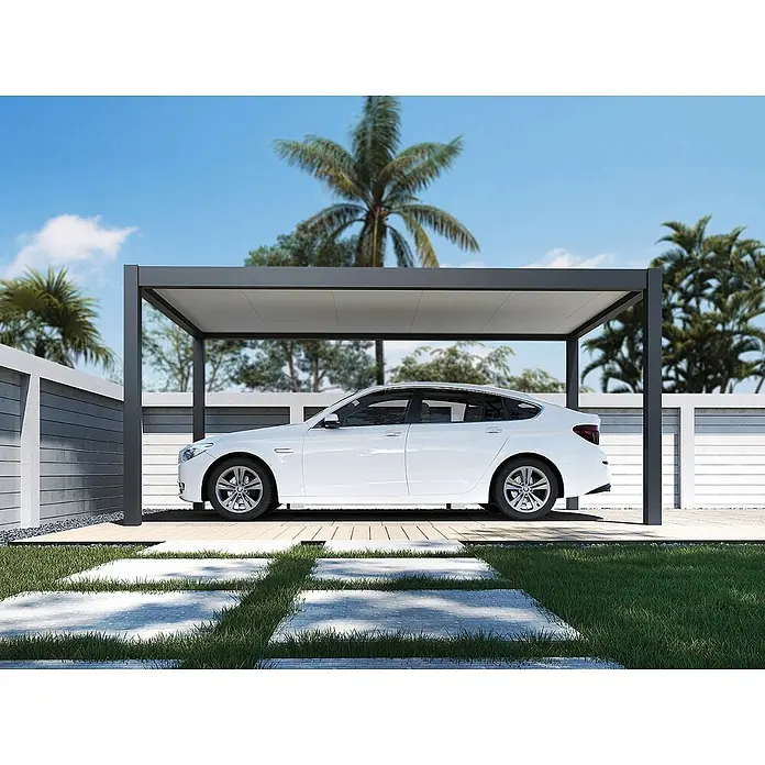 Weide Carport Autoüberdachung Aluminium 3 x 5,3 M anthrazit - Außenmaß inkl. Dachüberstand (B x T): 530 x 300 m, Einzelcarport, Anthrazit - Moderner grauer Carport mit Flachdach, schützt ein weißes Auto. Zeitgenössisches Design.