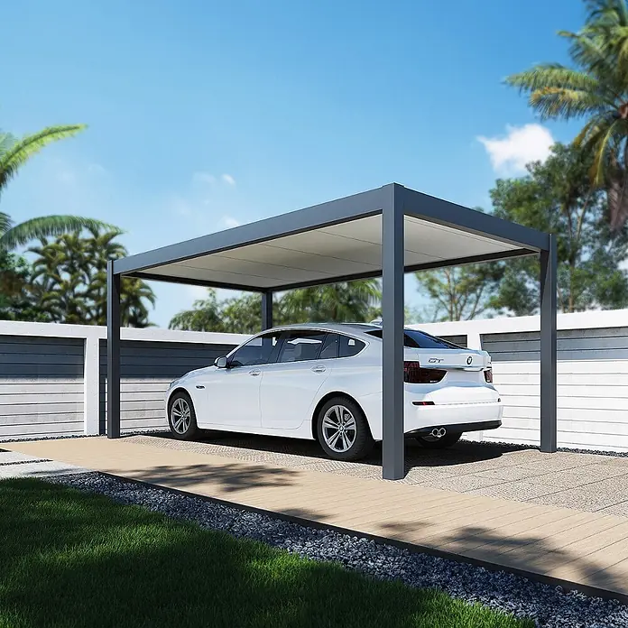 Weide Carport Autoüberdachung Aluminium 3 x 5,3 M anthrazit - Außenmaß inkl. Dachüberstand (B x T): 530 x 300 m, Einzelcarport, Anthrazit - Moderner grauer Metall-Carport mit weißem Faltdach, schützt ein weißes Auto im Außenbereich.