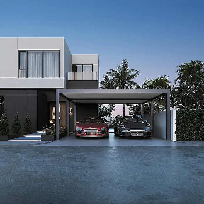 Weide Carport Autoüberdachung Aluminium 6 x 5,3 M Anthrazit - Außenmaß inkl. Dachüberstand (B x T): 600 x 530 m, Anthrazit - Moderne dunkelgraue Carport-Struktur schützt zwei Luxusautos vor einem modernen Haus.