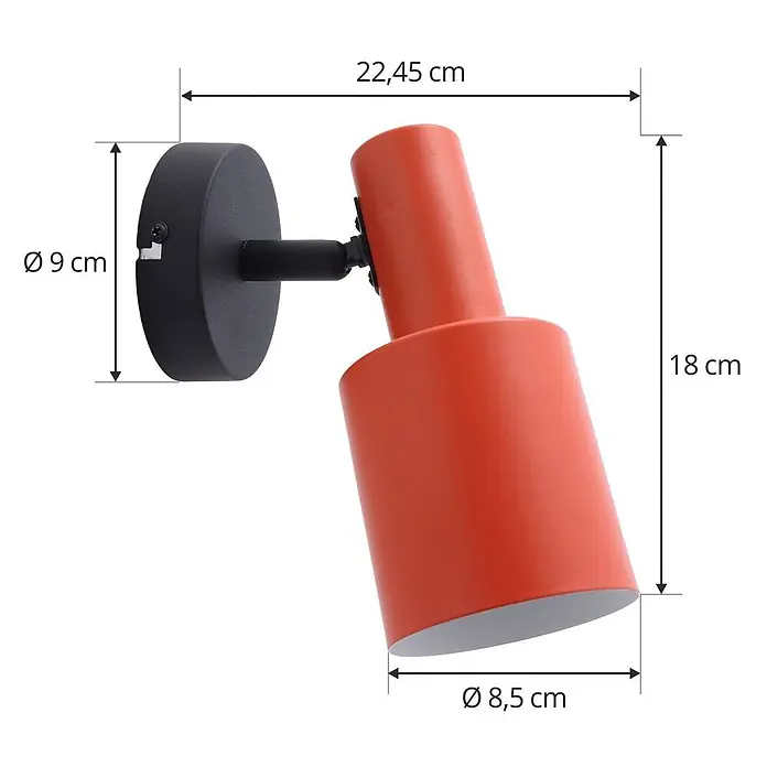 Lindby Wandstrahler Ovelia - schwarz, gelb / orange, E27 - Verstellbarer Wandstrahler in Orange und Schwarz mit zylindrischem Kopf und runder Basis.
