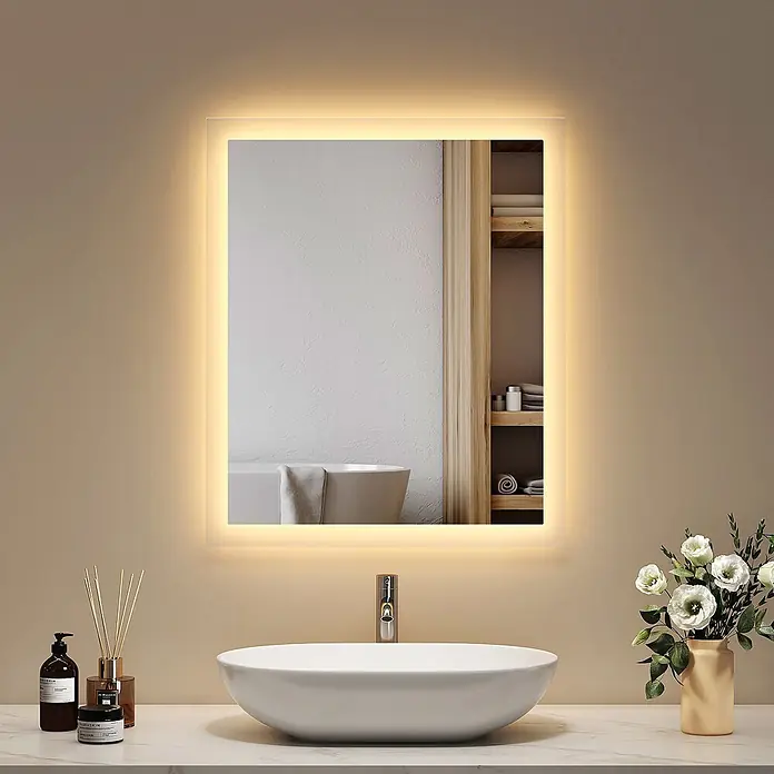 Emke Lichtspiegel Dimlite LM03 -  - Rechteckiger LED-beleuchteter Badezimmerspiegel mit warmem Licht über einem Waschbecken, reflektiert eine Badewanne.
