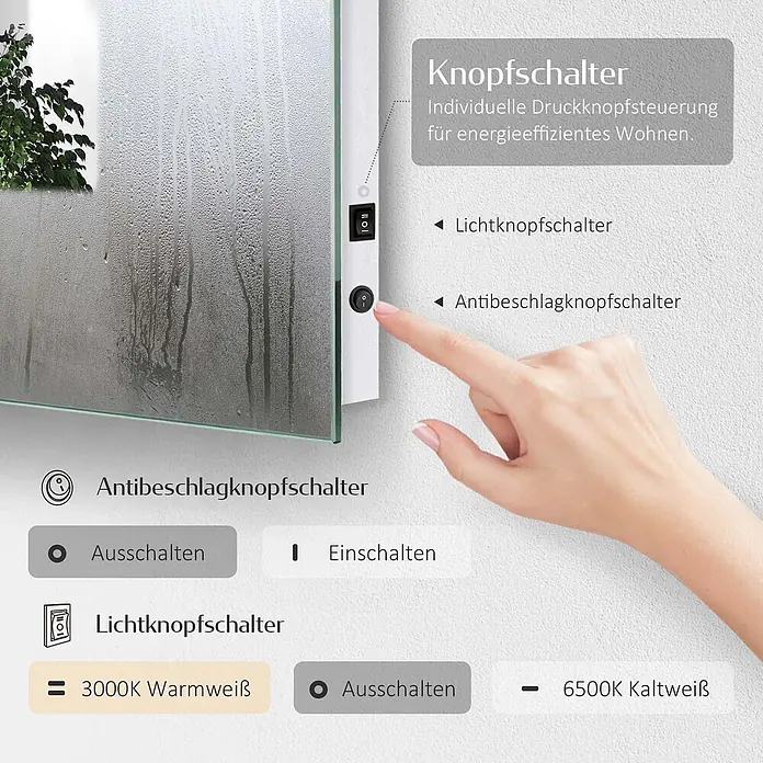 Emke Lichtspiegel Dimlite LM04 -  - Beschlagener Spiegel mit seitlichen Druckknopfschaltern für Licht und Antibeschlag, von Hand bedient.